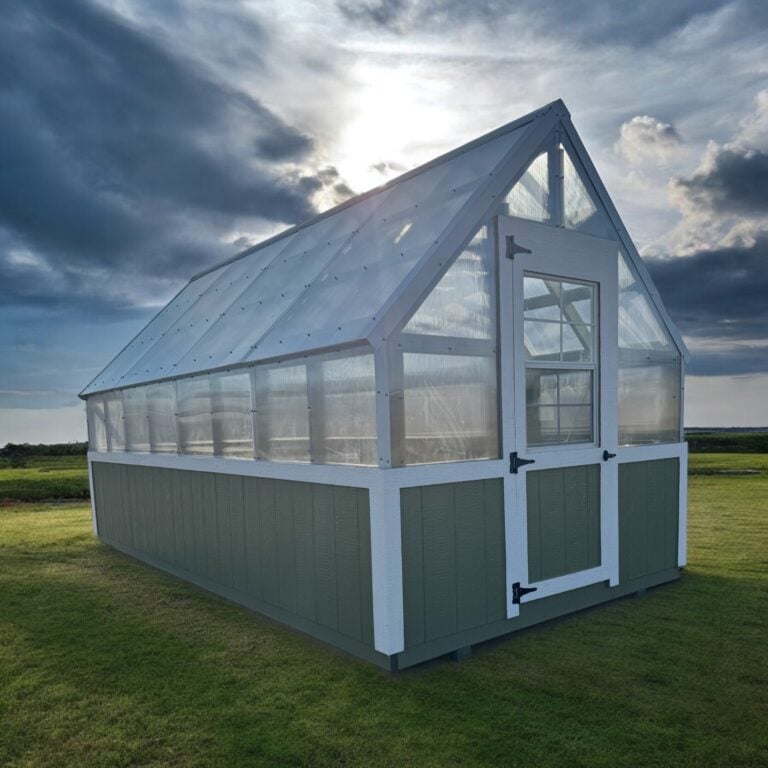 White and green Burnett greenhouse with polycarbonate panels