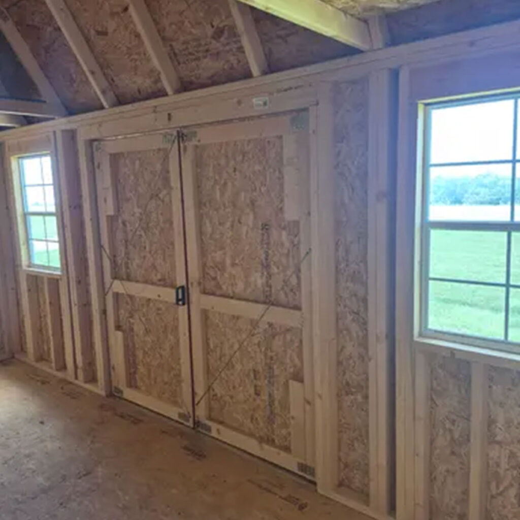 8x16 side lofted barn interior