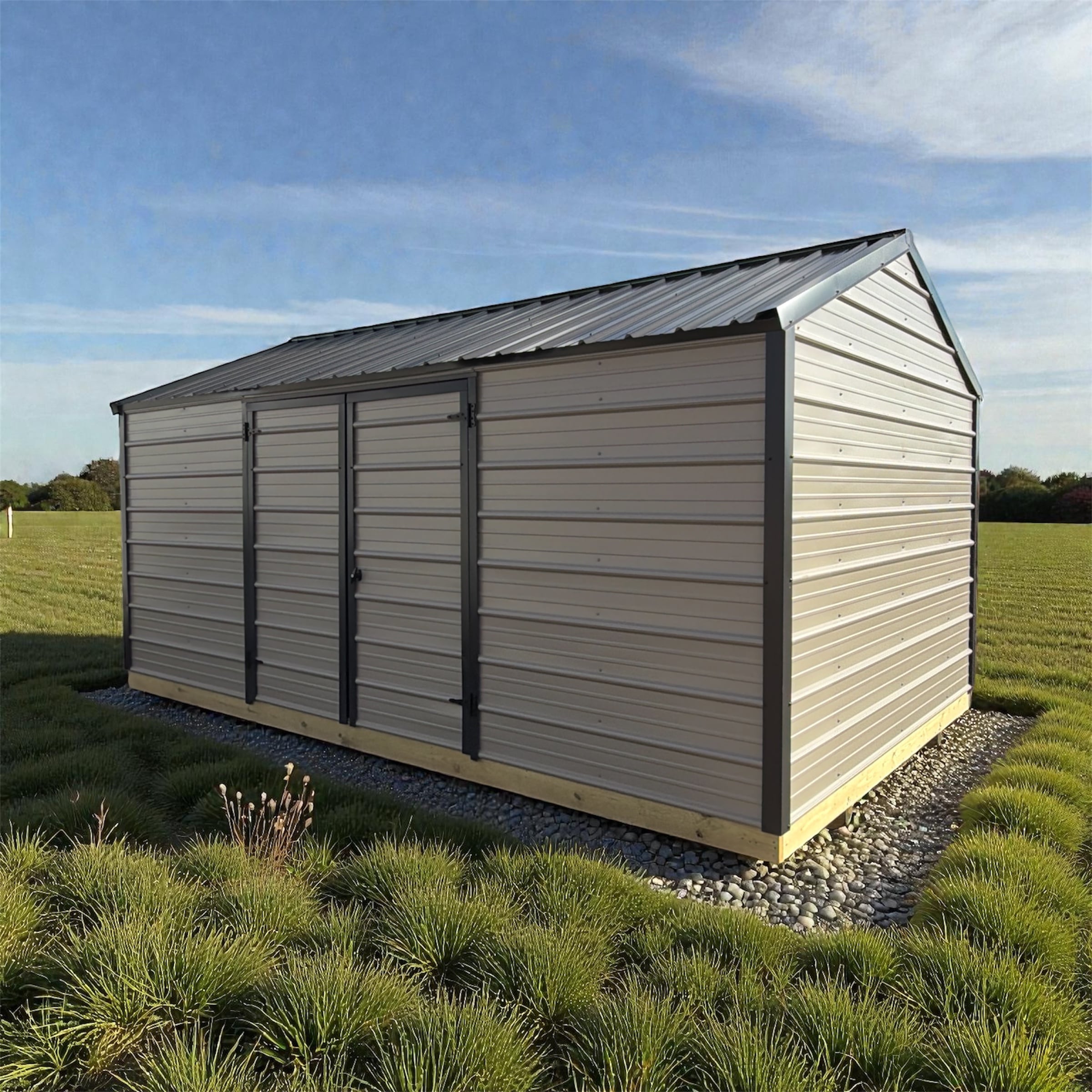 Metal side value shed with painted metal siding by Burnett Affordable Buildings